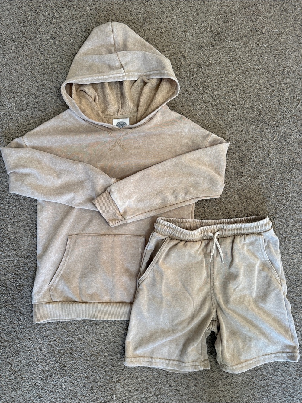 Kids Neutral Tan Hoodie & Shorts Matching Set - Cozy Pull-On Outfit